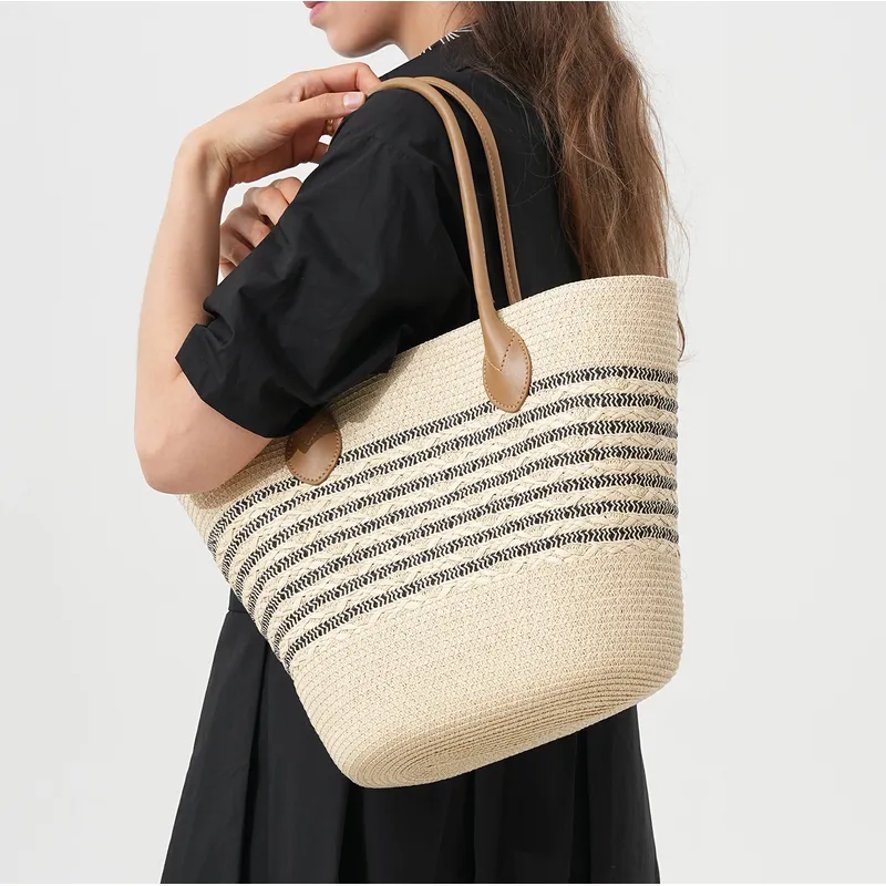 Striped woven straw beach tote - Tote Bag Beach avis et prix