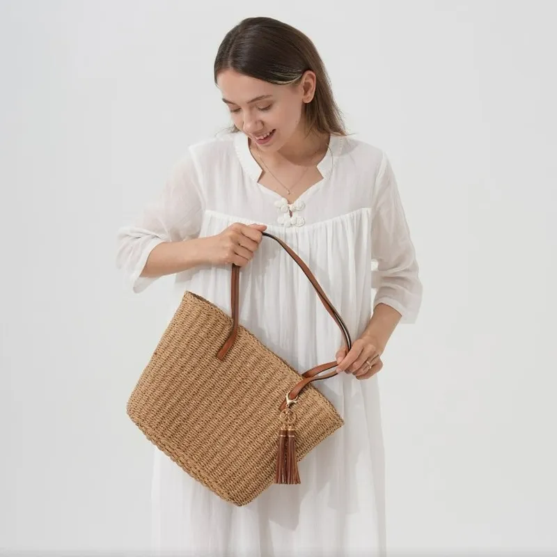 Fringed Straw Tote Bag Handwov - Tote Bag Beach avis et prix