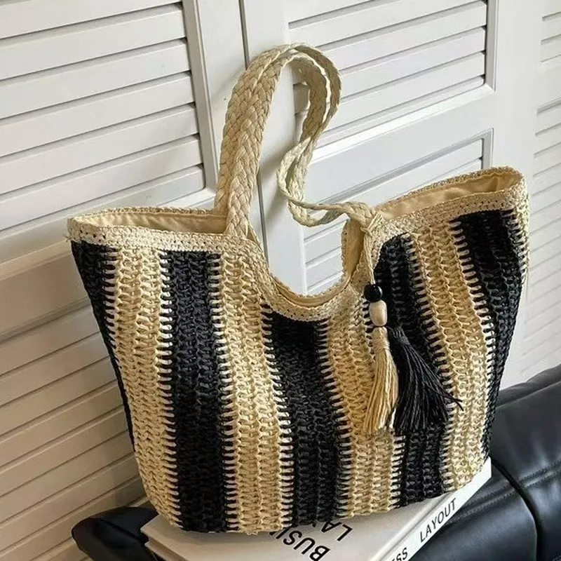 Striped woven straw tote bag f - Tote Bag Beach avis et prix