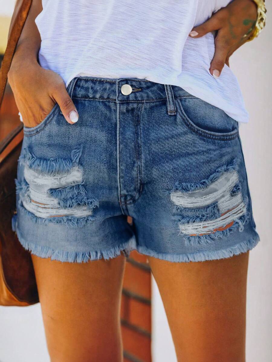 Mid Waist Washed Denim Shorts  - Shorts Denim Frayed avis et prix