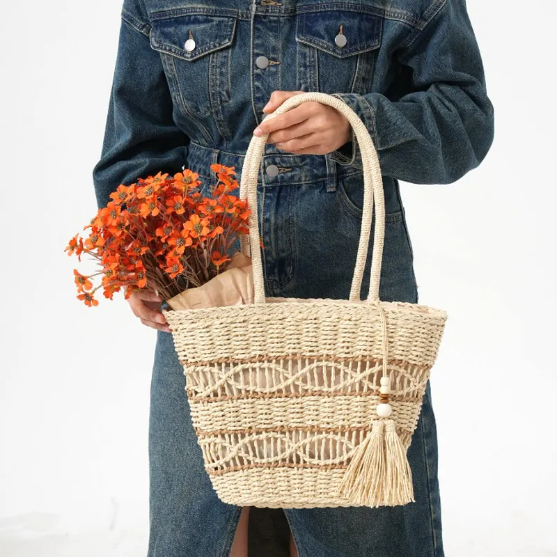 Hollow-Shoulder Straw Tote Bag - Tote Bag Beach avis et prix
