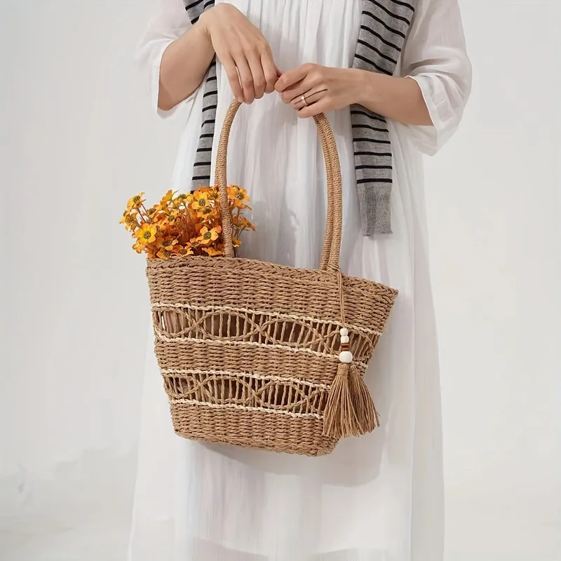 Hollow-Shoulder Straw Tote Bag - Tote Bag Beach avis et prix