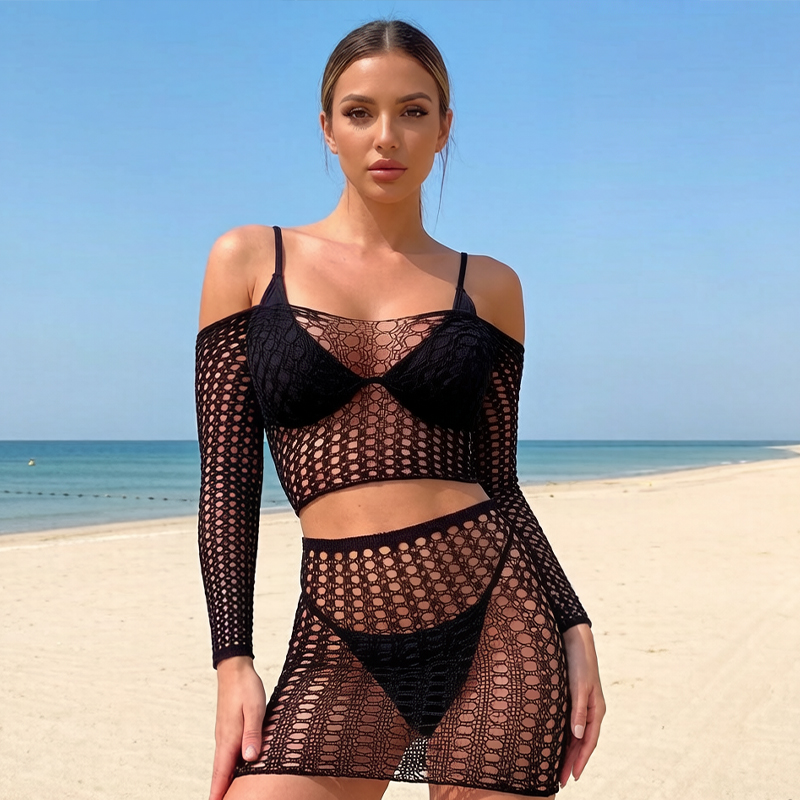 1 Set Women Long Sleeve See-Th - Cover Up Kaftan avis et prix